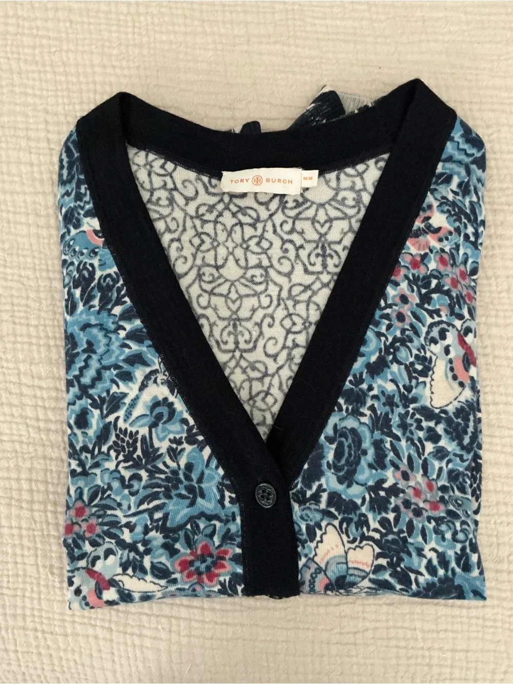 TORY BURCH Classic Blue Floral Mixed-Print V-Neck Cardigan Sz M